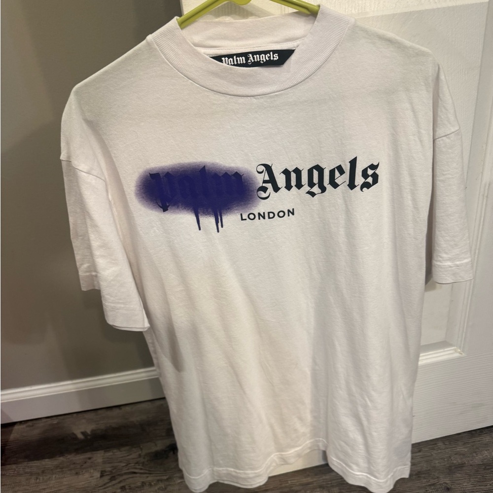 Palm Angels White Tee with Blue Graffiti Logo